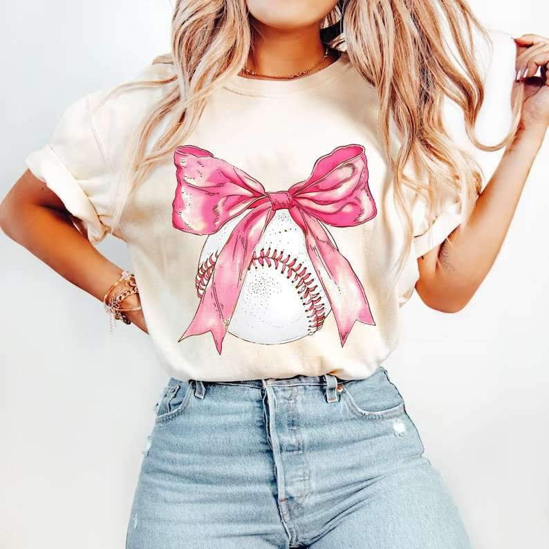 Baseball with big pink bow 25121 DTF transfer