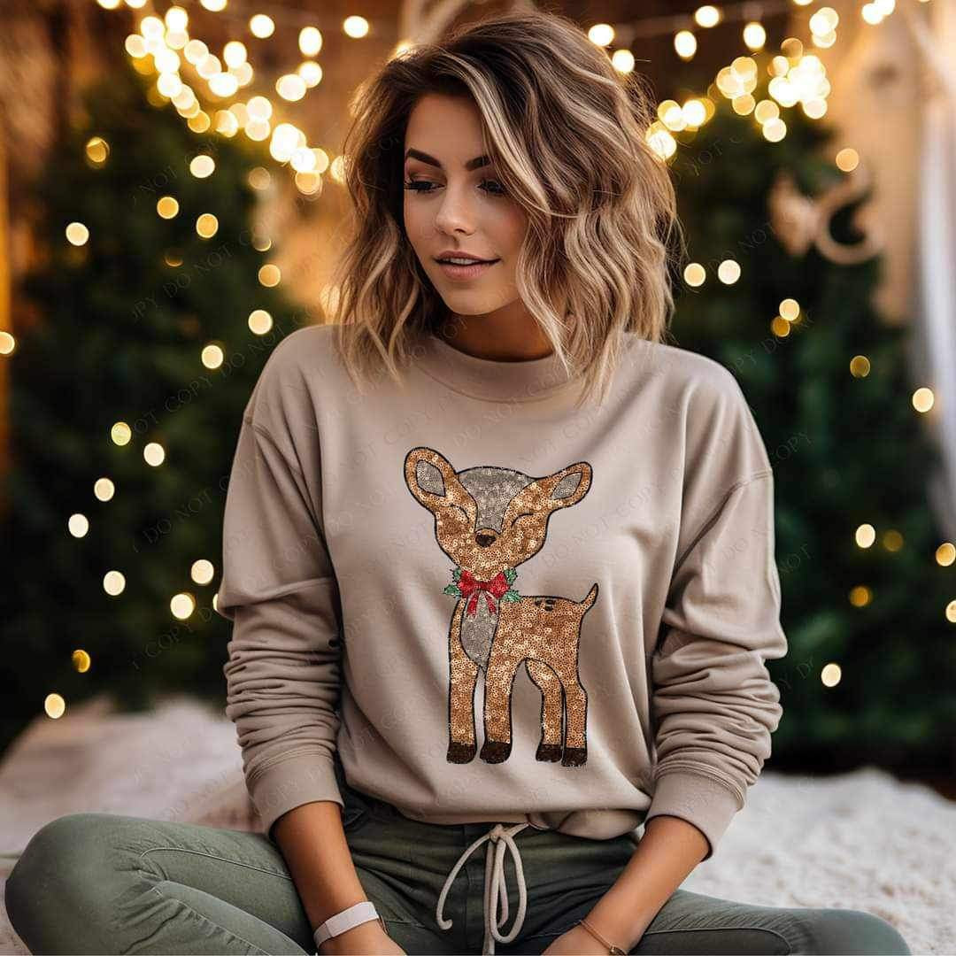 Sequin reindeer with bowtie 15146 DTF Transfer
