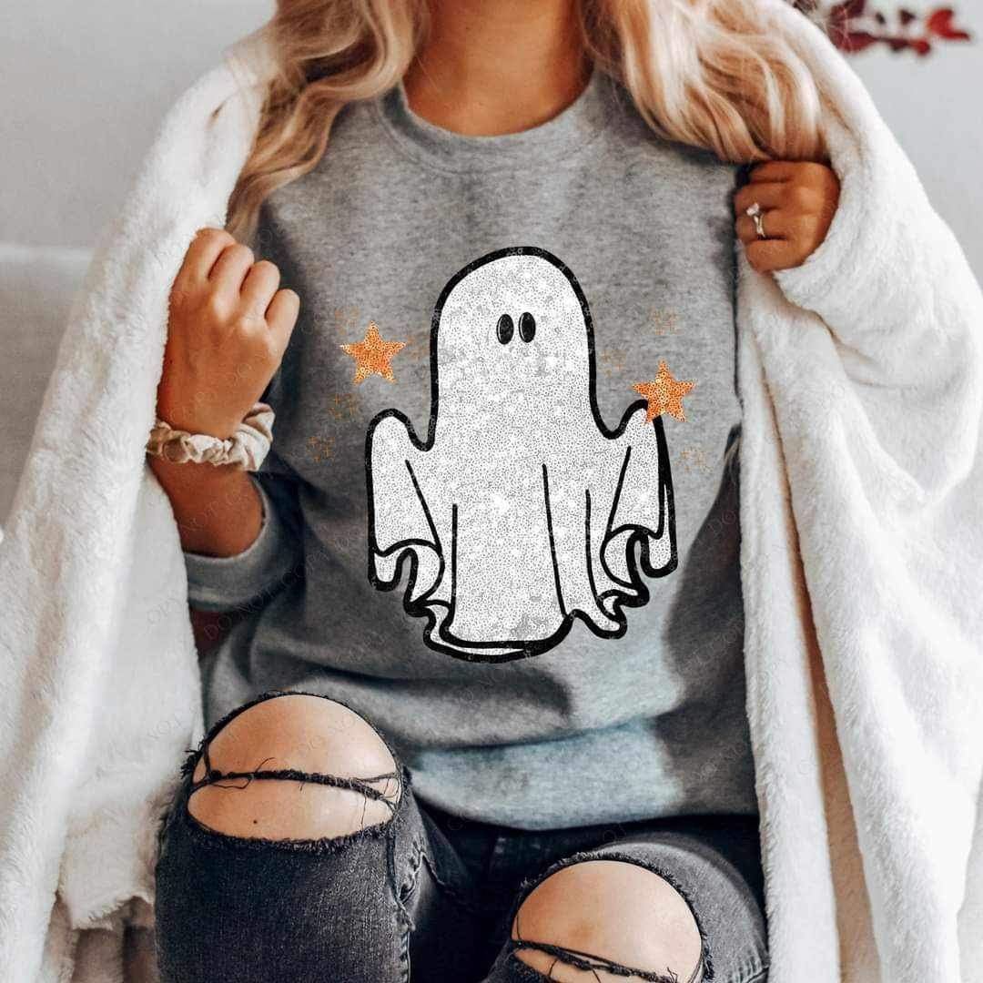 Sequin ghost with gold stars 15143 DTF Transfer