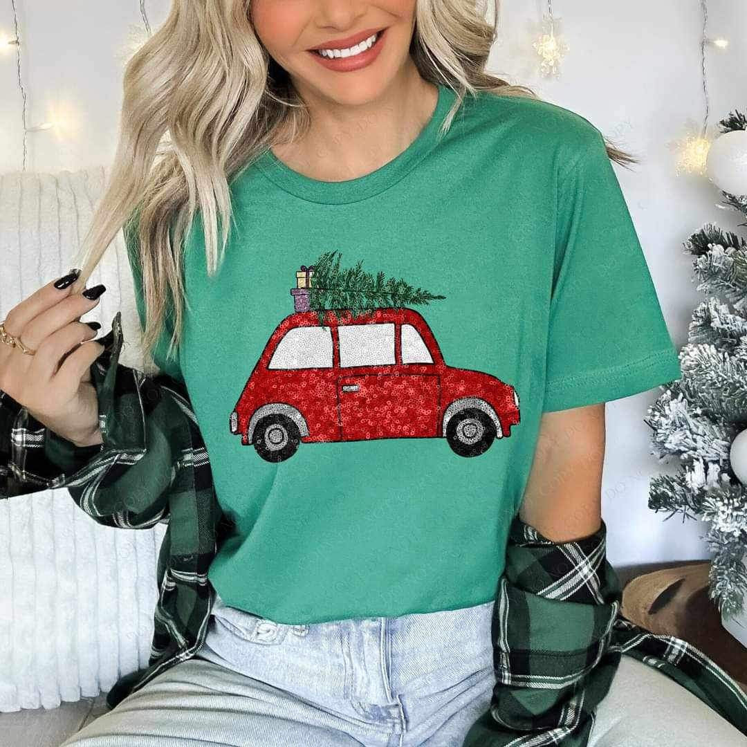 Sequin red car with tree on top 15147 DTF Transfer