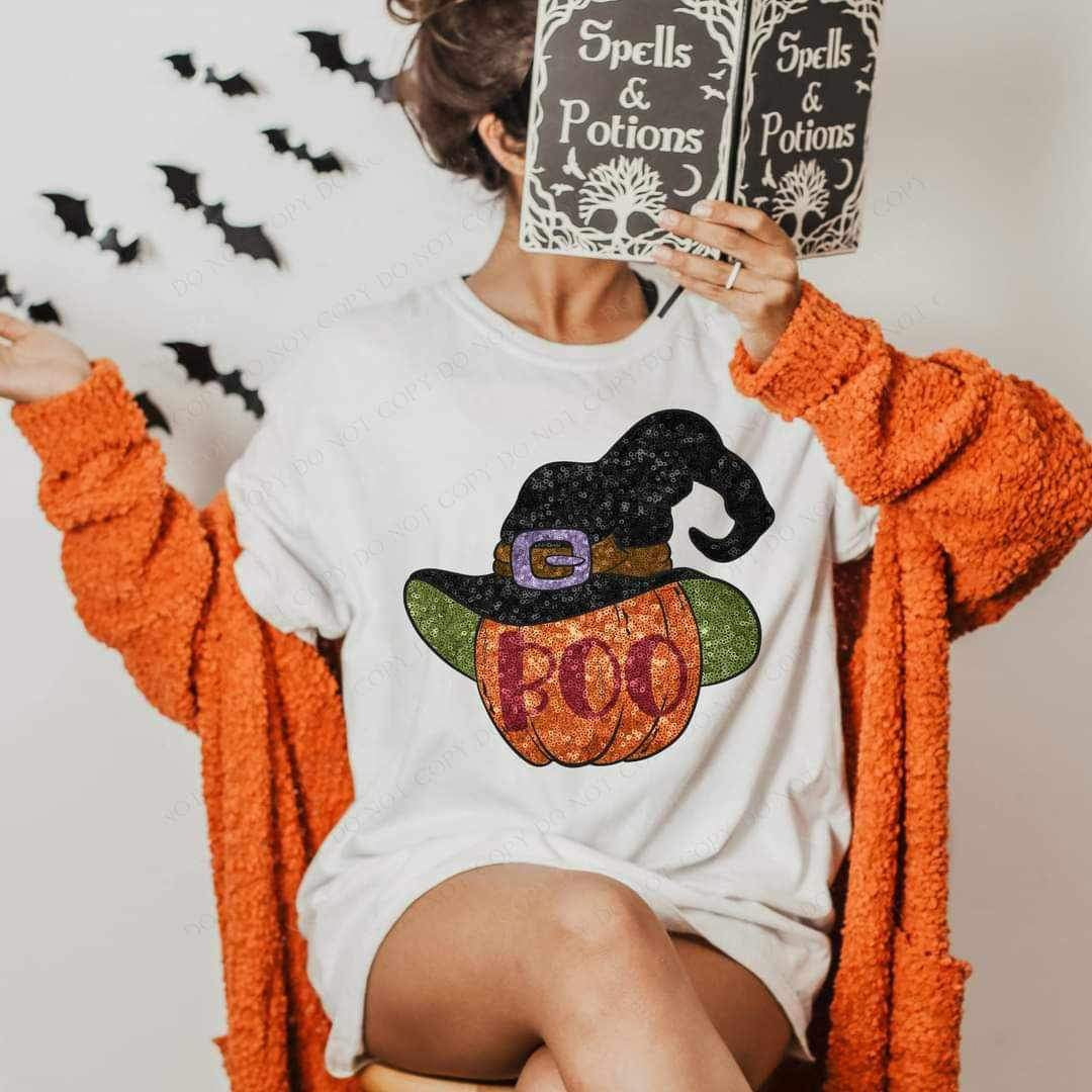 Boo sequin pumpkin with witch hat 15142 DTF Transfer