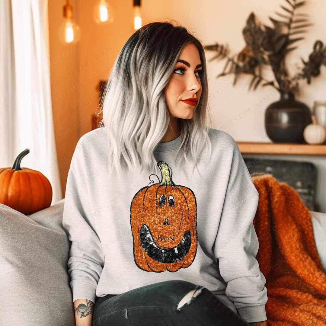 Sequin pumpkin with smiley face 15144 DTF Transfer