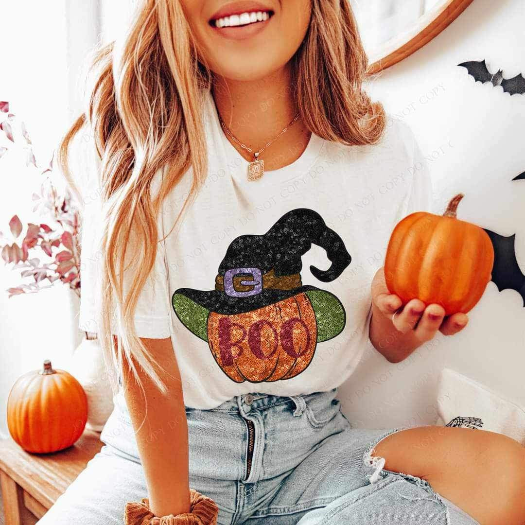 Boo sequin pumpkin with witch hat 15142 DTF Transfer
