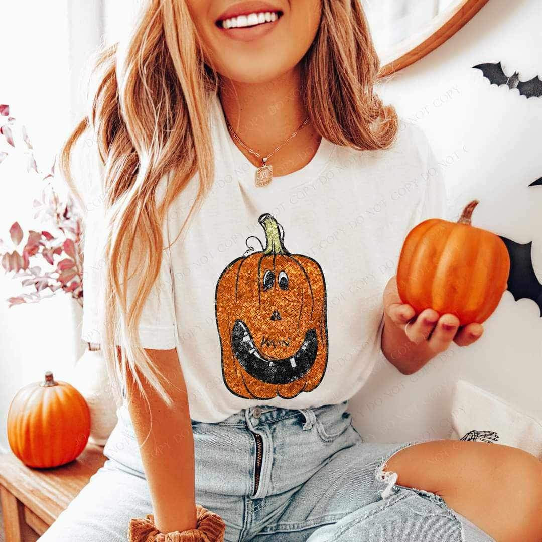 Sequin pumpkin with smiley face 15144 DTF Transfer