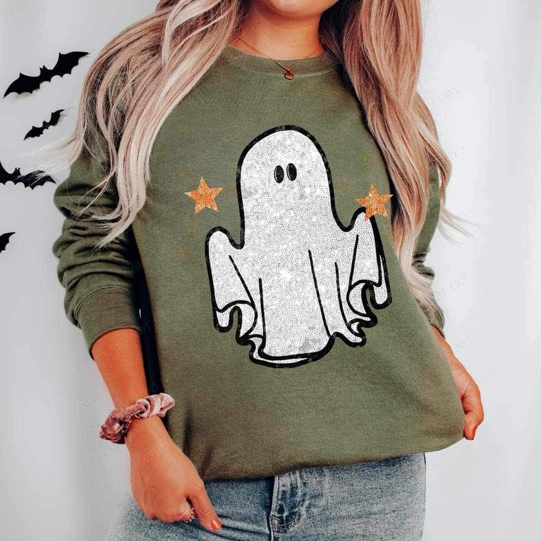 Sequin ghost with gold stars 15143 DTF Transfer