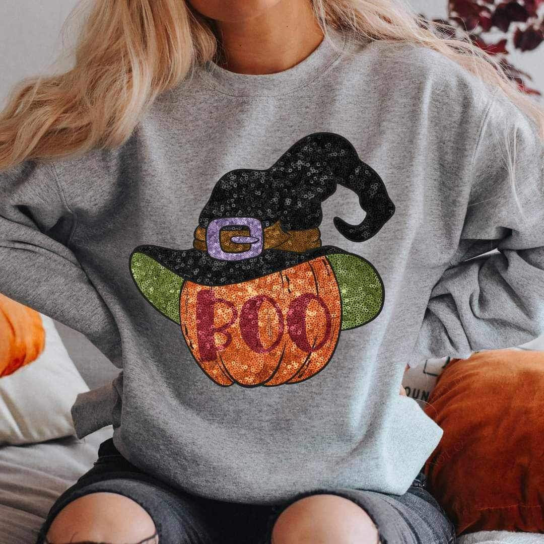 Boo sequin pumpkin with witch hat 15142 DTF Transfer