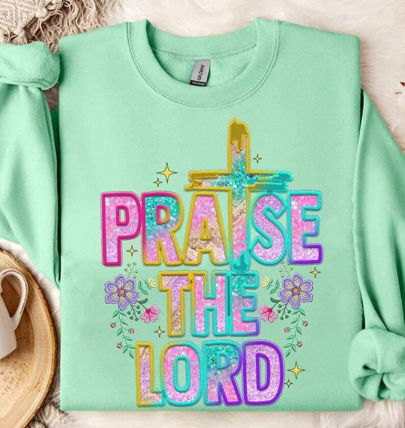 Praise the lord colorful sequin embroidery 25102 DTF transfer