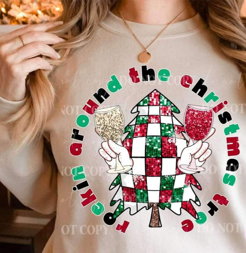 Rockin around the Christmas tree (circle with sequin disco tree with champagne glasses) 15135 DTF Transfer