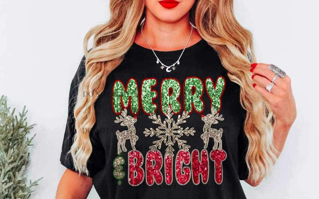 Merry & bright (sequin with green and red font with deer and snowflake) 15128 DTF Transfer