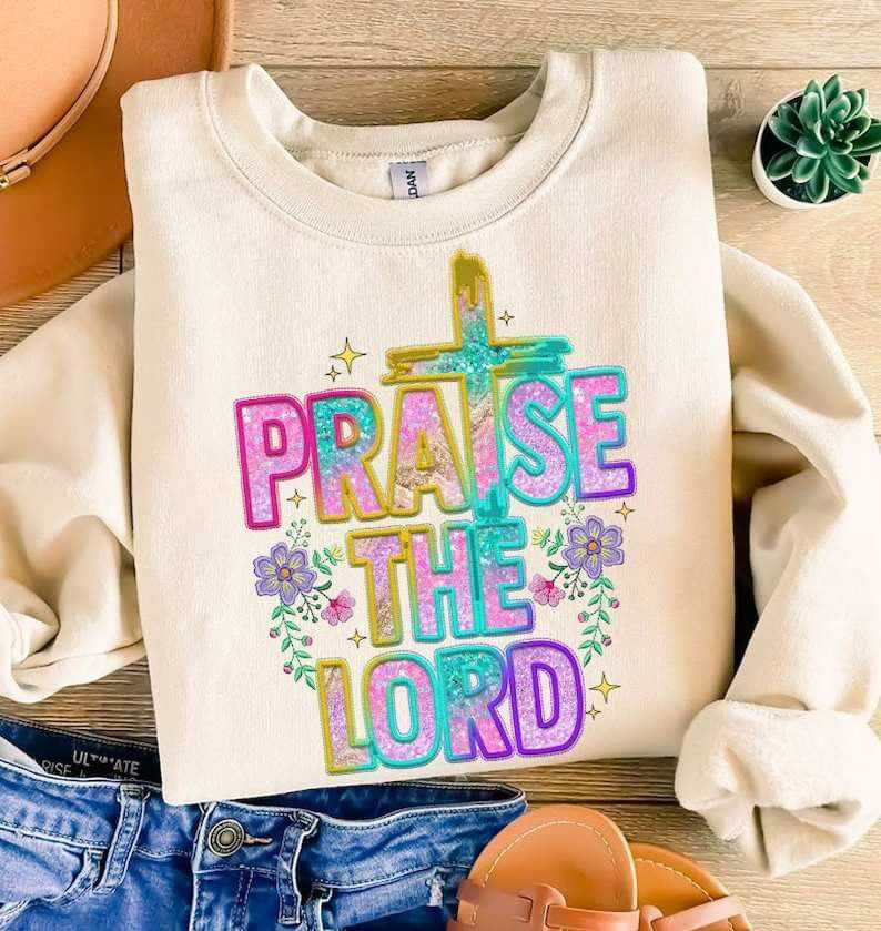 Praise the lord colorful sequin embroidery 25102 DTF transfer