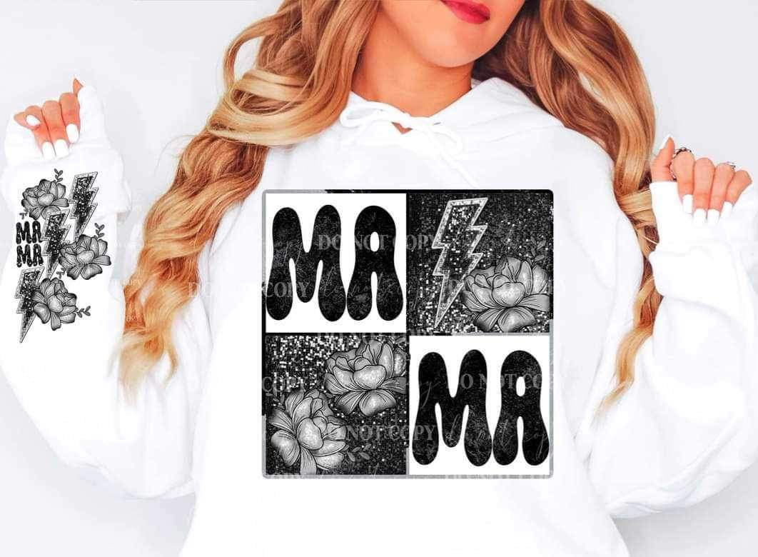 Mama (black and grey with frame, sequin, lighting bolt, flowers) FRONT ONLY 15126 DTF Transfer