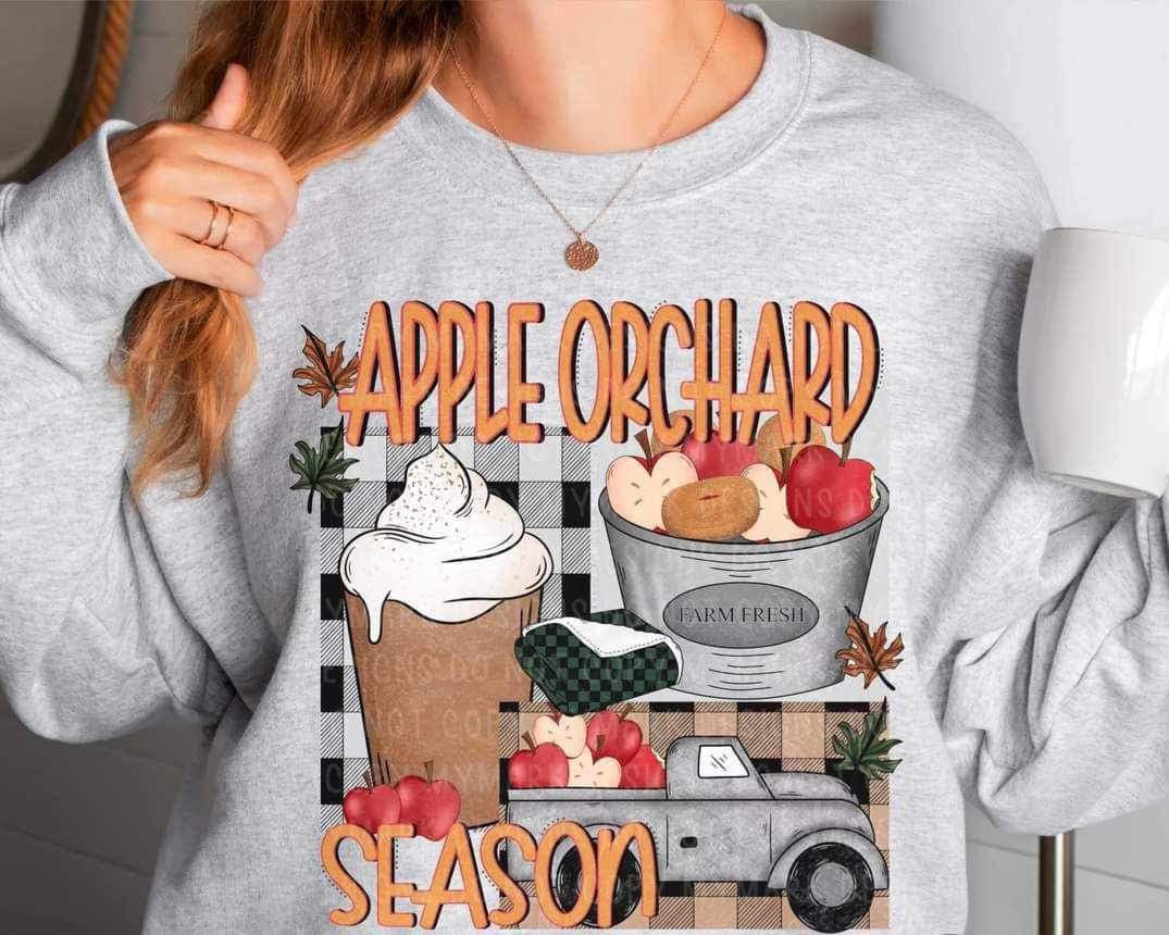 Apple orchid season (bucket and truck with apples, latte, blanket, plaid background) 15124 DTF Transfer