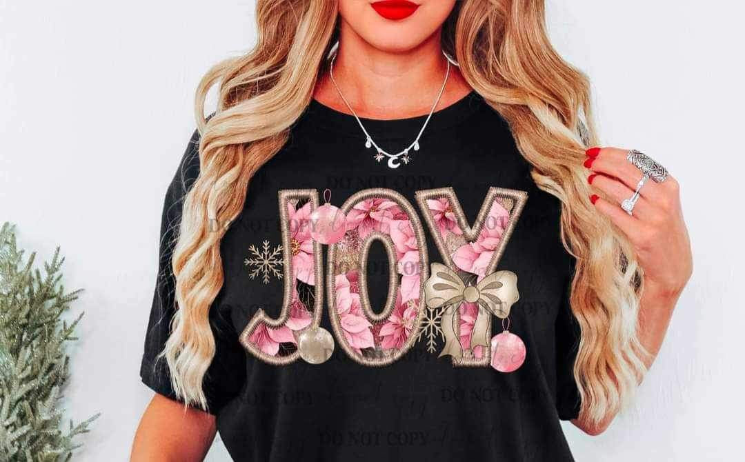 Joy (embroidery with pink flower filled font with bows and ornaments) 15123 DTF Transfer
