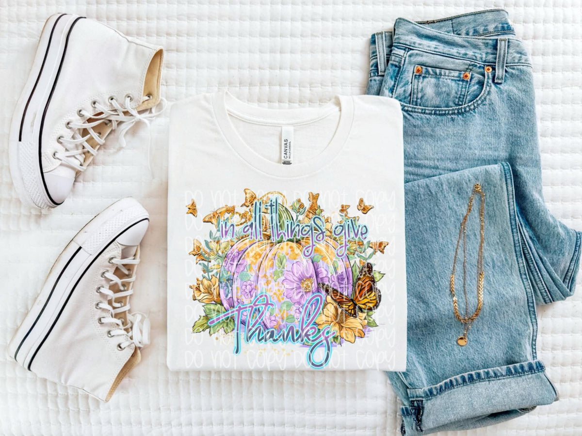 In All Things give Thanks butterfly pumpkin frame SSD DTF transfer