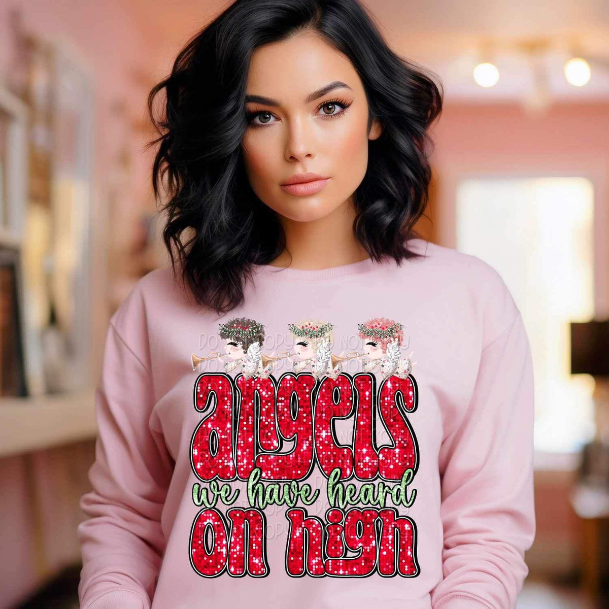 Angels we have heard on high (sequin red font with angel) 15198 DTF Transfer