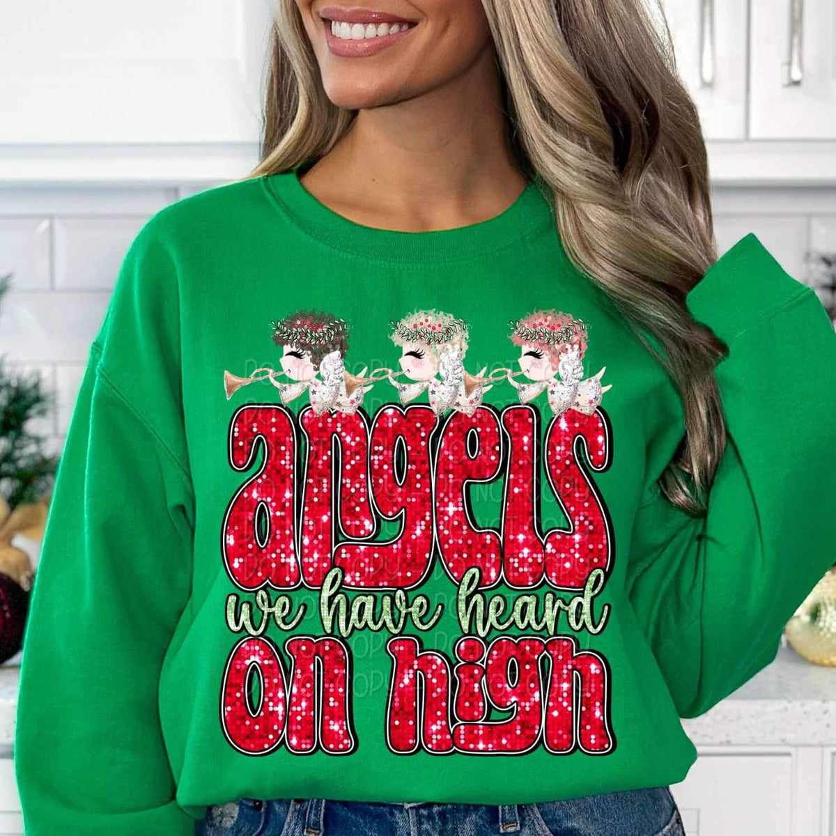 Angels we have heard on high (sequin red font with angel) 15198 DTF Transfer