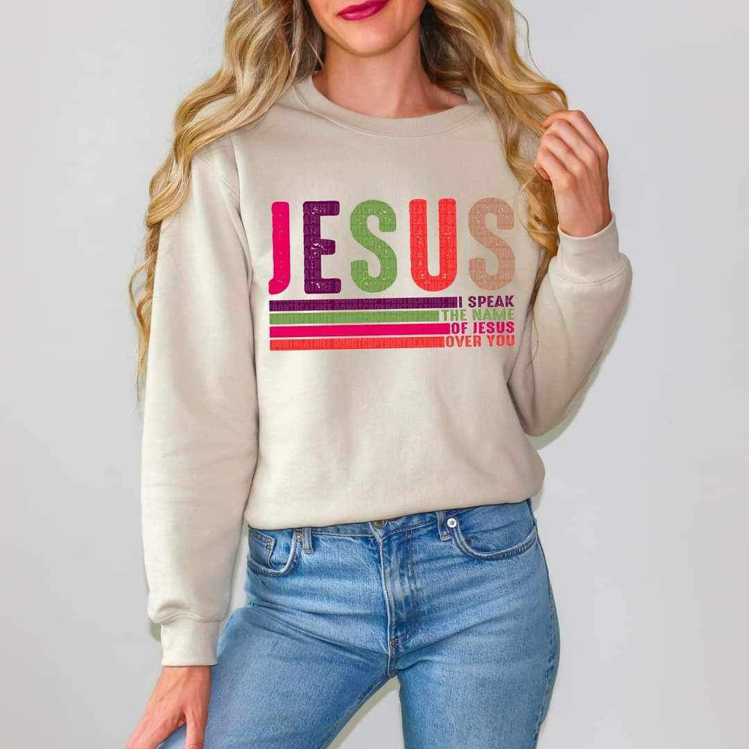 Jesus (pink, purple, green, red, and beige font with stripes) 15201 DTF Transfer