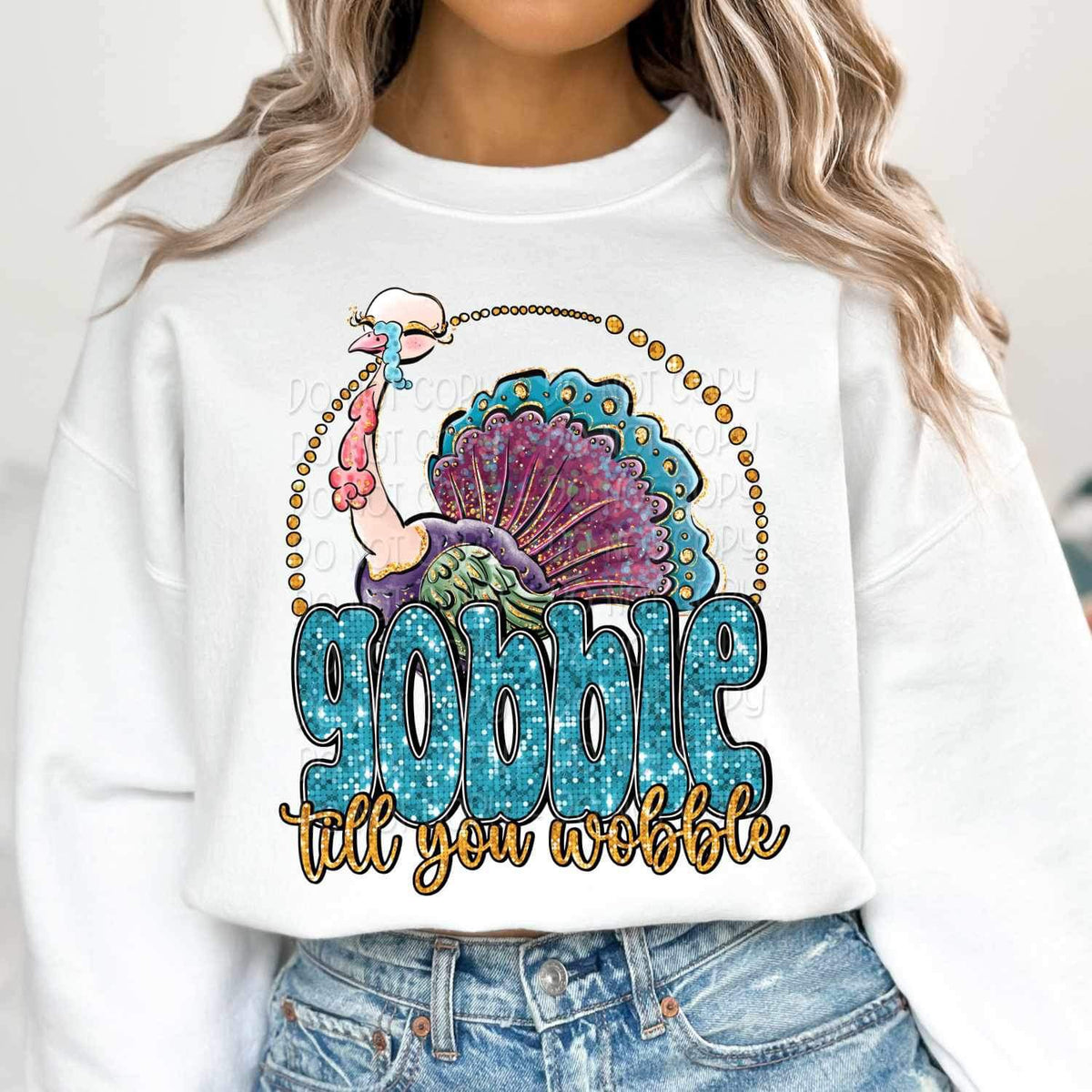 Gobble til you wobble (sequin font with colorful turkey) 15183 DTF Transfer