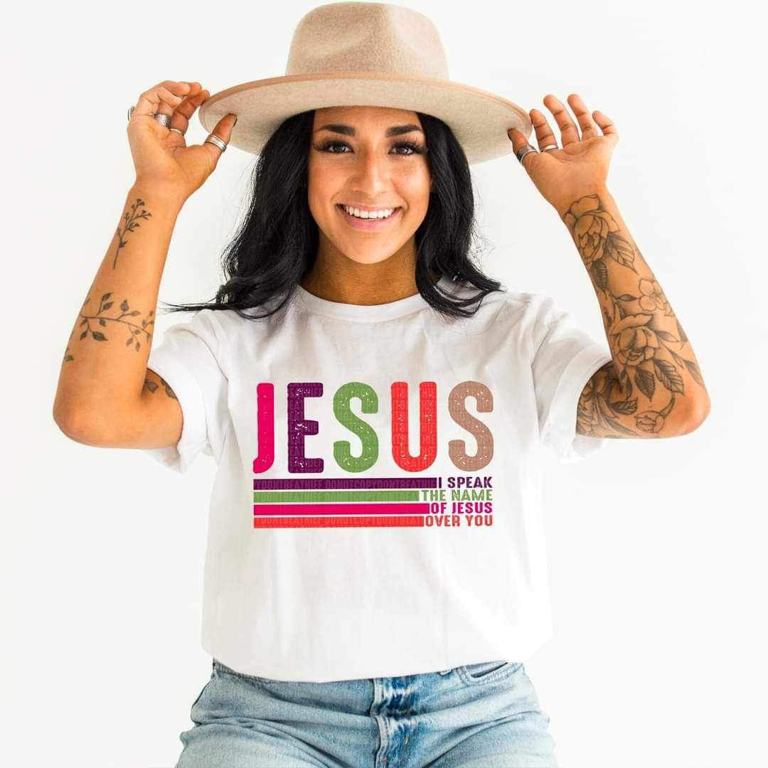 Jesus (pink, purple, green, red, and beige font with stripes) 15201 DTF Transfer