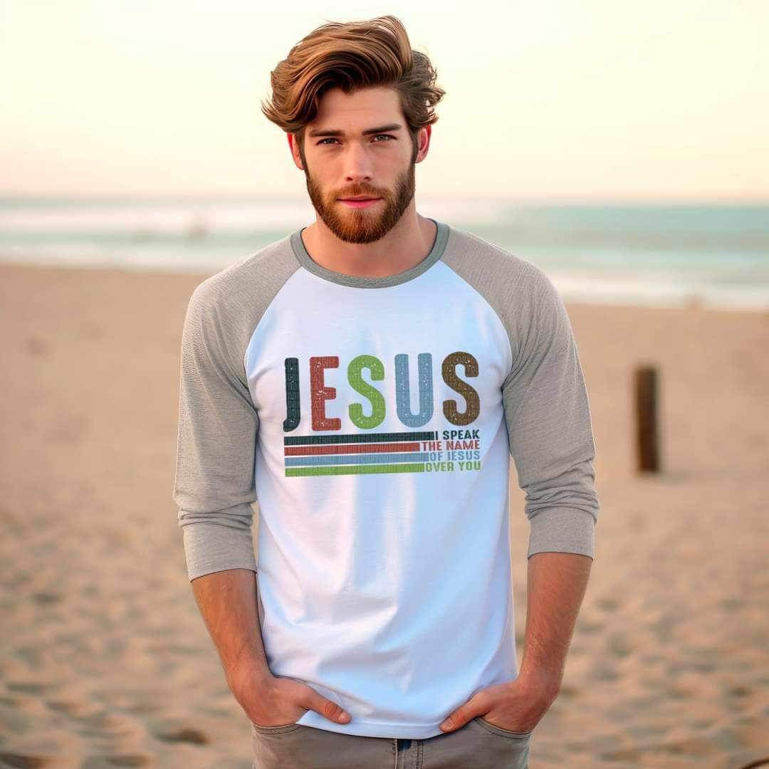 Jesus (navy, brown, green, and blue font with stripes) 15200 DTF Transfer