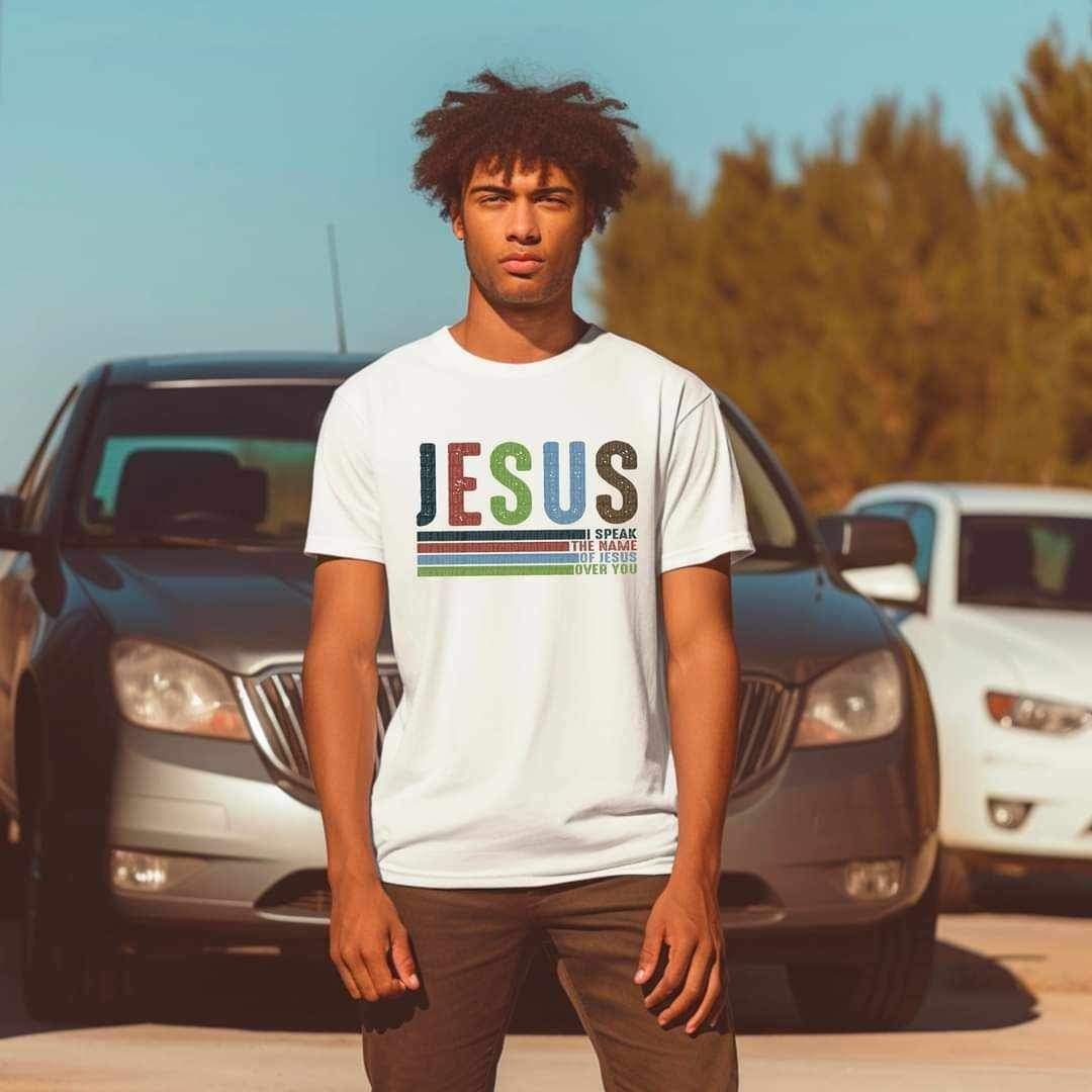 Jesus (navy, brown, green, and blue font with stripes) 15200 DTF Transfer