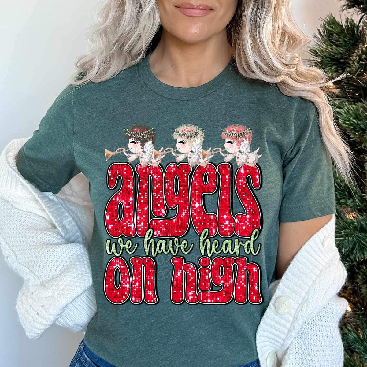 Angels we have heard on high (sequin red font with angel) 15198 DTF Transfer