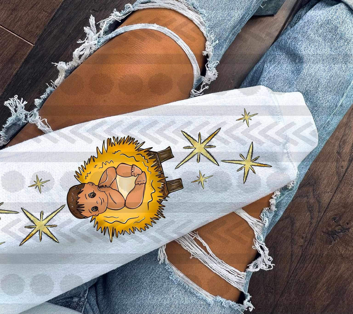 Baby in hay bed with stars SLEEVE 15194 DTF Transfer