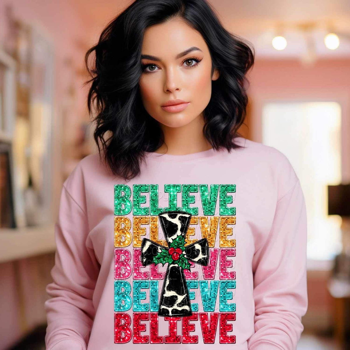 Believe (sequin stacked with cowhide cross) 15181  DTF Transfer