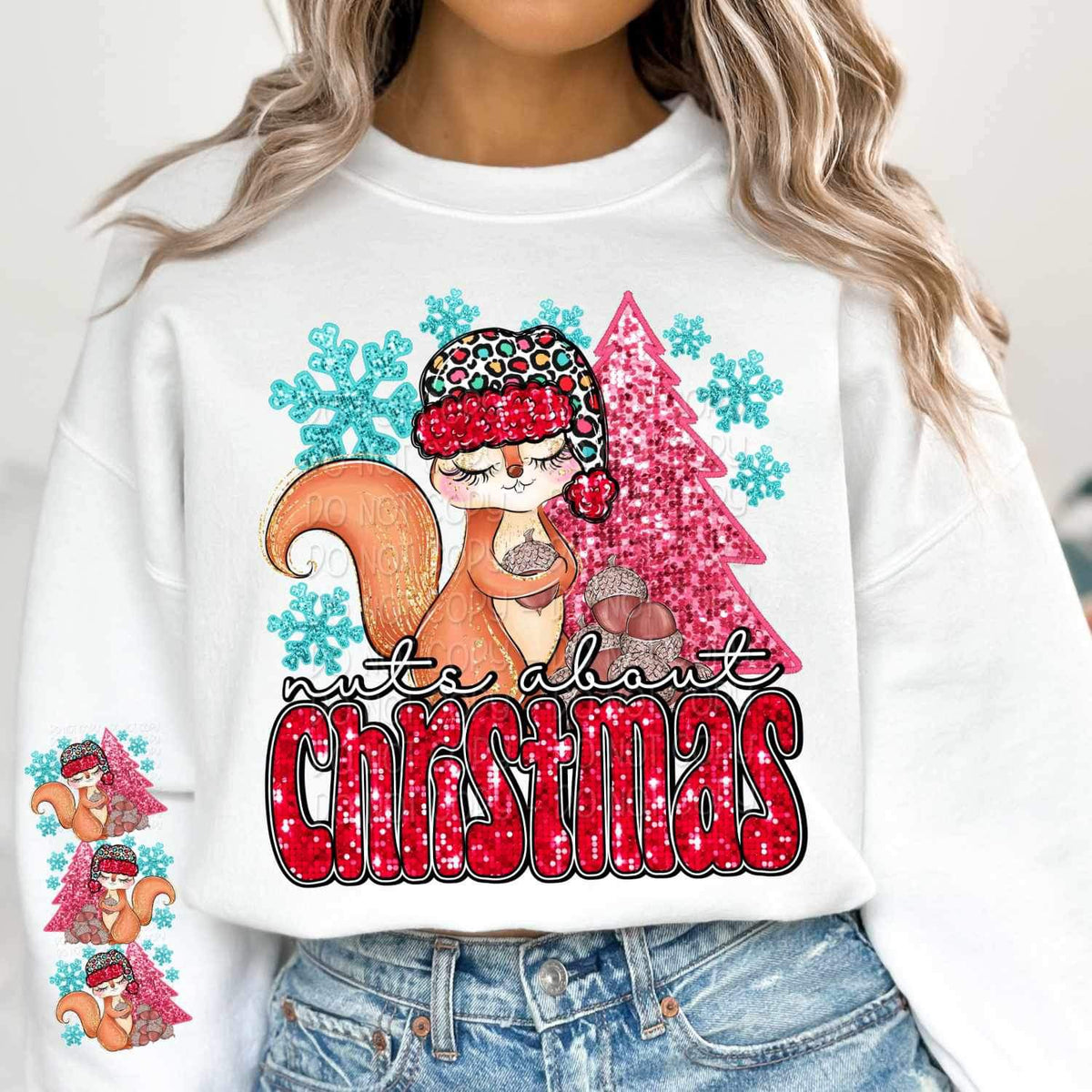 Nuts about Christmas (sequin with squirrel, pink tree, nuts, snowflakes) 15185 DTF Transfer