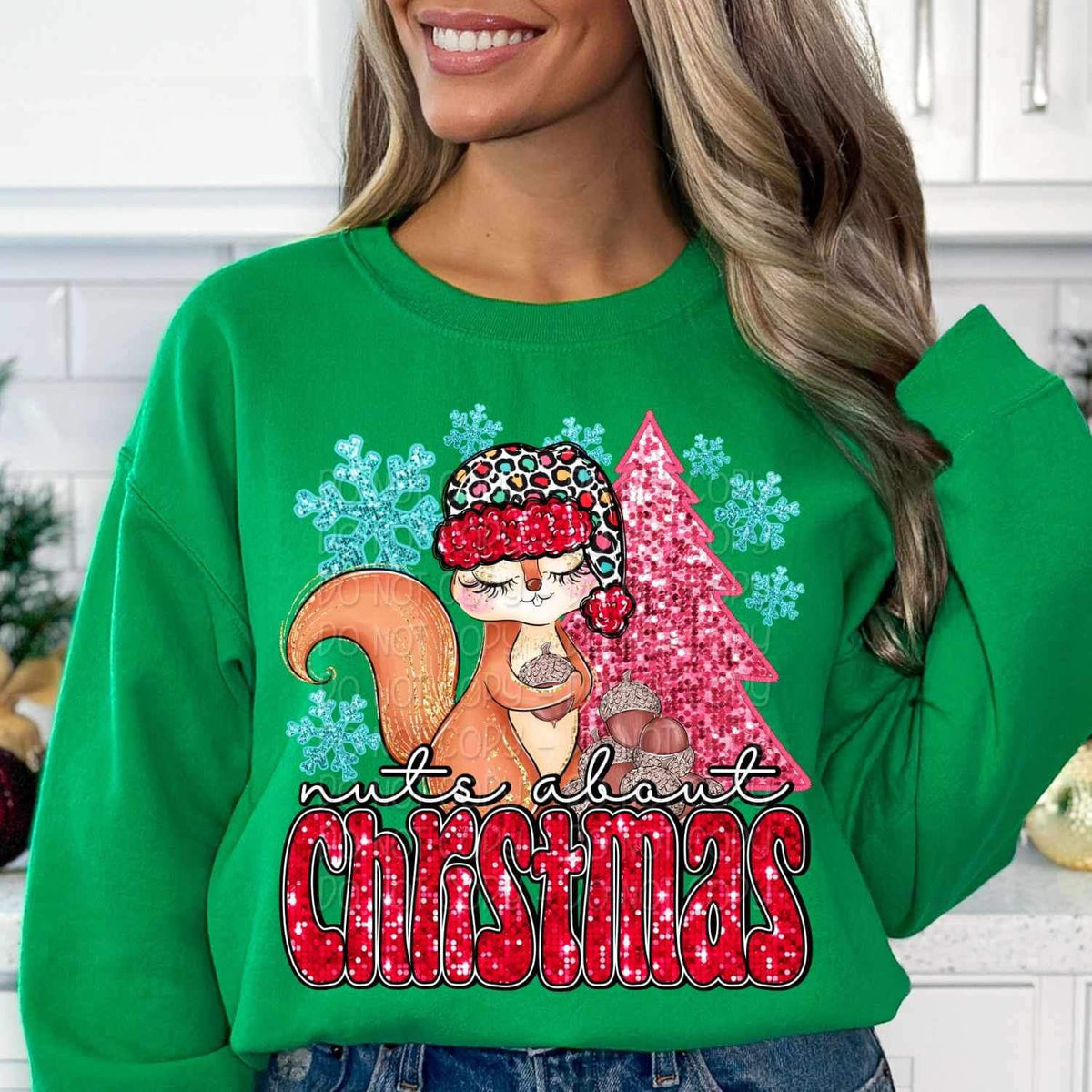 Nuts about Christmas (sequin with squirrel, pink tree, nuts, snowflakes) 15185 DTF Transfer