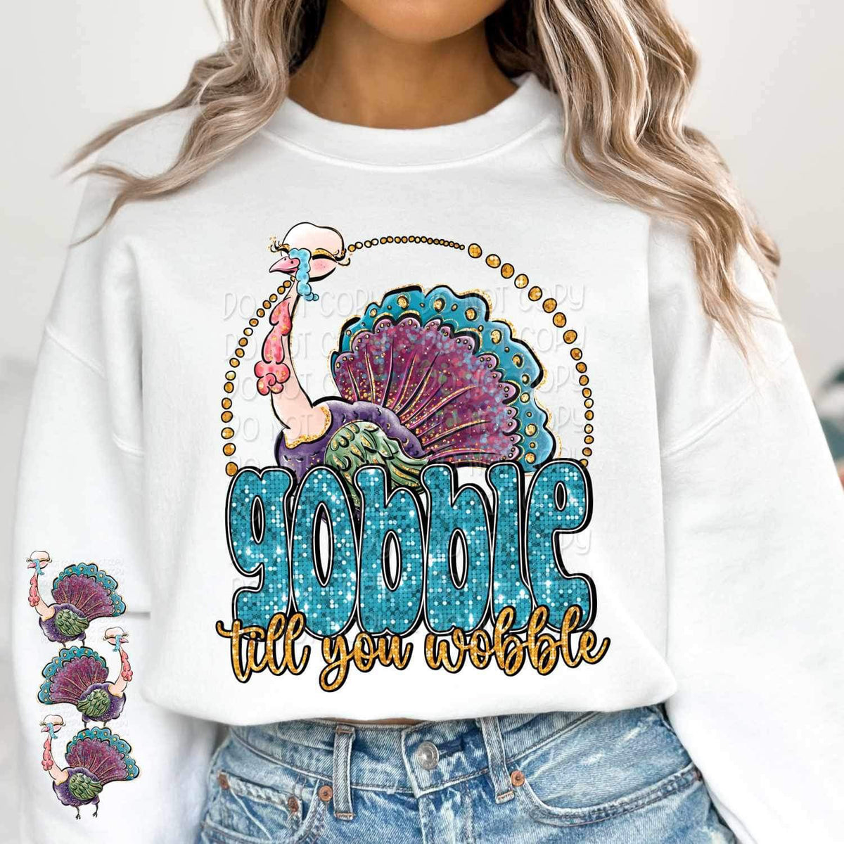 Gobble til you wobble (sequin font with colorful turkey) 15183 DTF Transfer