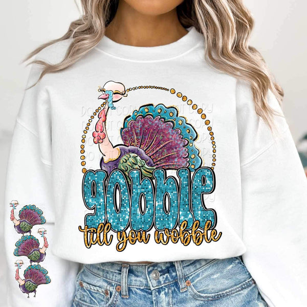 Gobble til you wobble (sequin font with colorful turkey) 15183 DTF Transfer