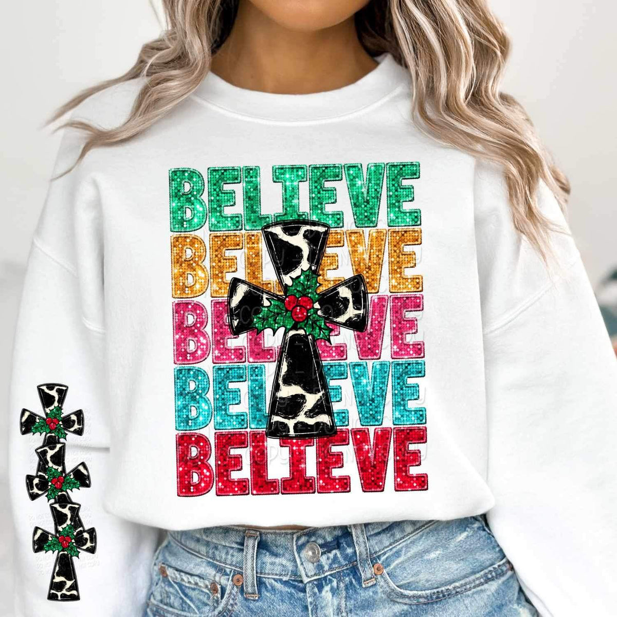 Believe (sequin stacked with cowhide cross) 15181  DTF Transfer