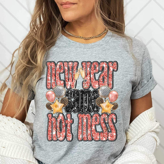 New year same hot mess (peach and black sequin font with balloons) 15179 DTF Transfer