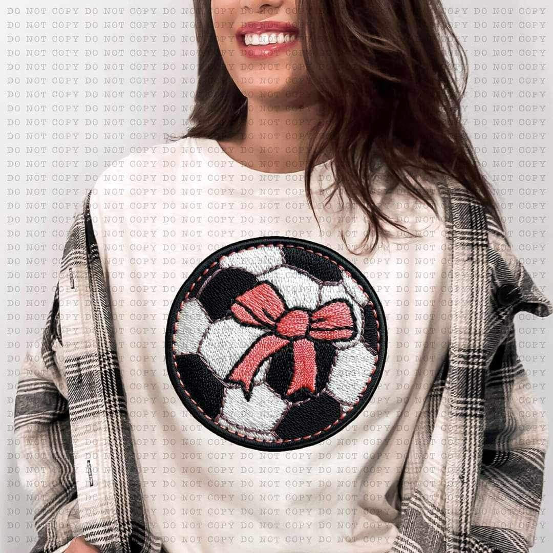 Soccer ball embroidery with pink bow in center (ECHT) 25215 DTF transfer