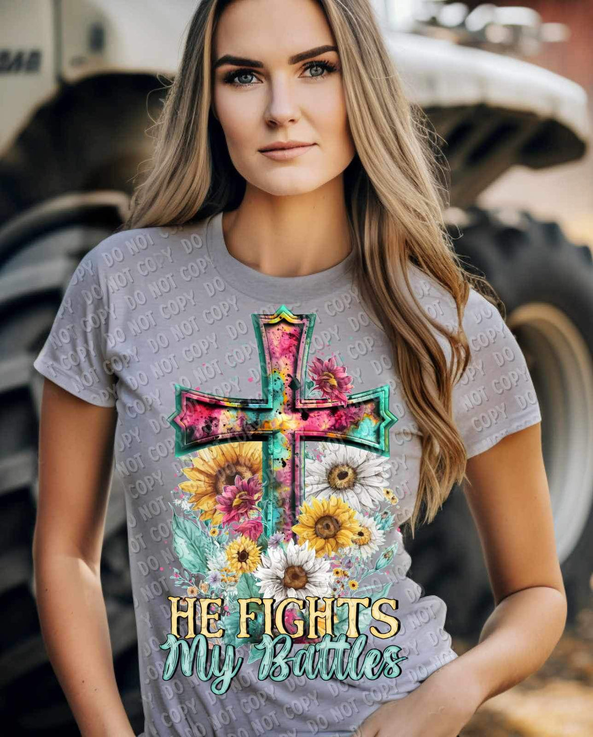 He fights by battles (multi color cross, yellow and white flowers) 15178 DTF Transfer