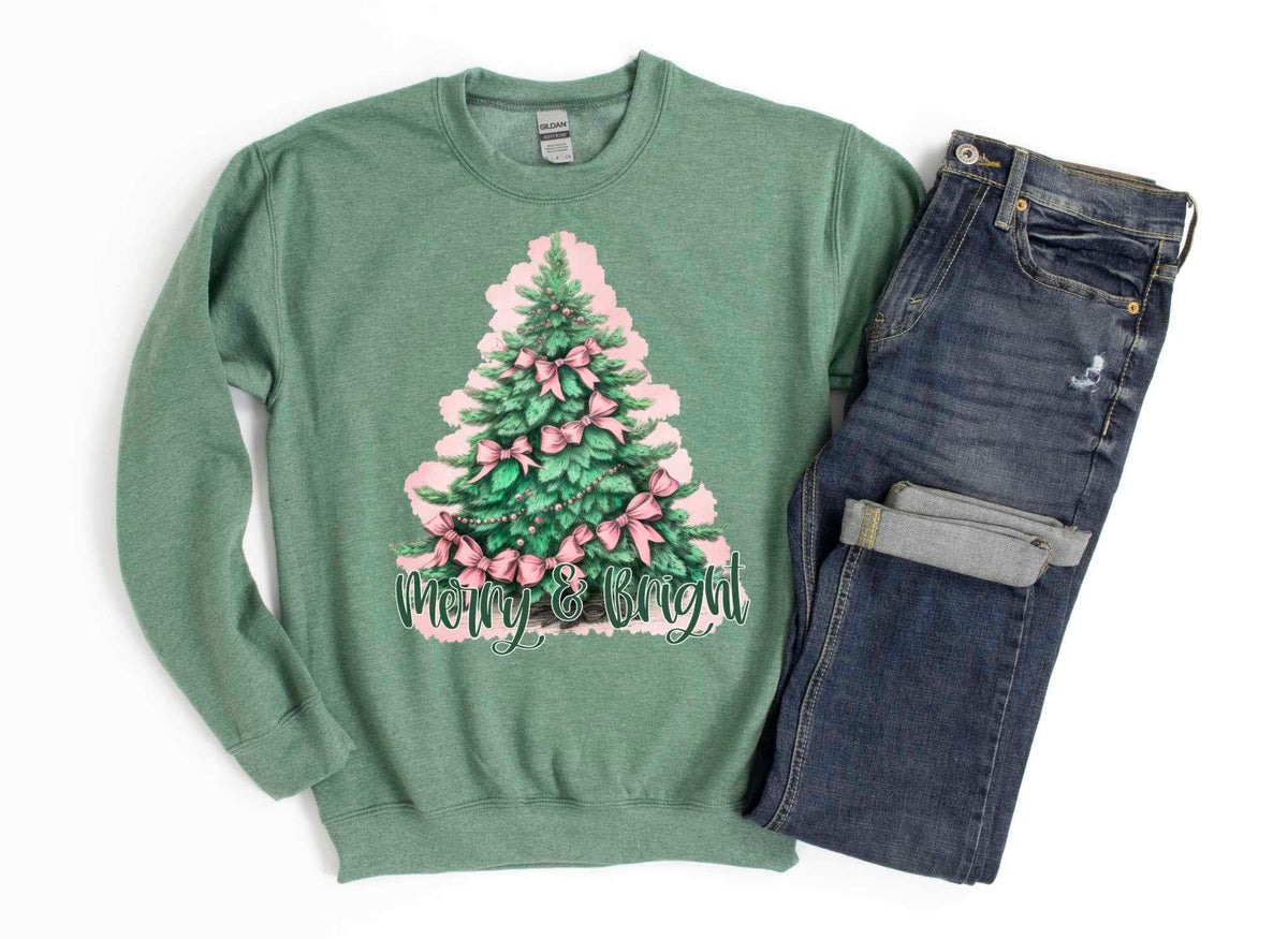 Merry & bright (tree with pink bows and pink outline) 15159 DTF Transfer