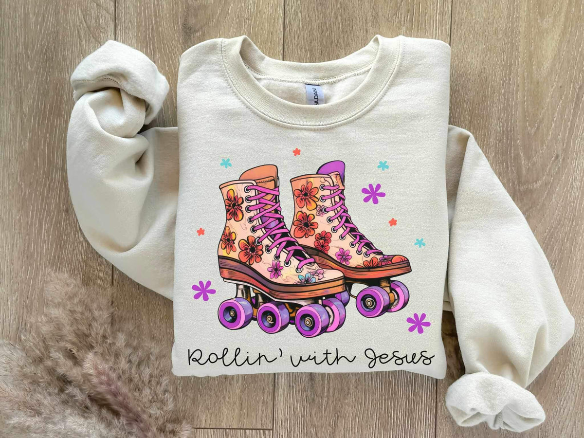 Rollin with jesus (groovy rolling skates) 15155 DTF Transfer
