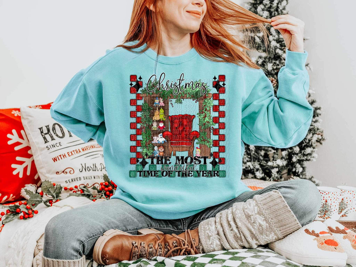 Christmas the most wonderful time of year (red chair with shelf, garland, red checkered print) 15176 DTF Transfer