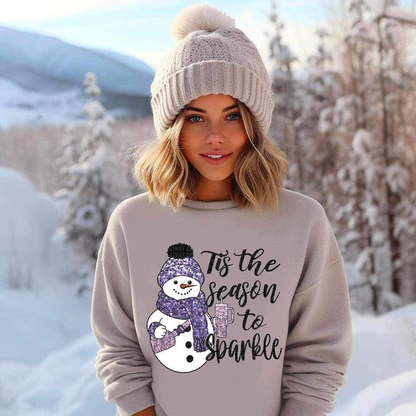 Tis the season to sparkle (snowman with sequin purple winter wear, belt bag, cup) 15339 DTF Transfer