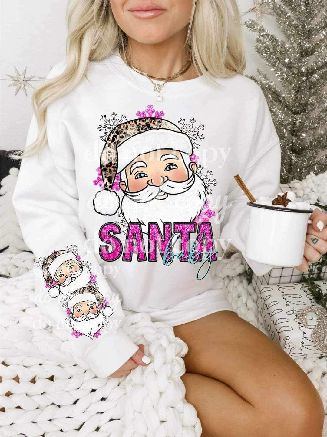 Santa baby (sequin purple font with santa with leopard hat) 15347 DTF Transfer