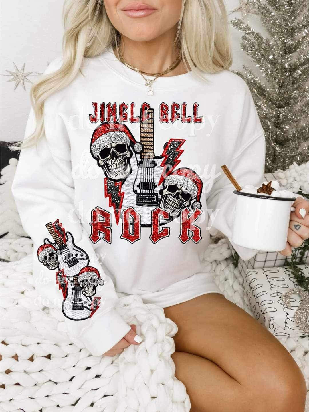 Jingle bell rock (red font with guitar and skulls with santa hat) FRONT ONLY 16948 DTF Transfer