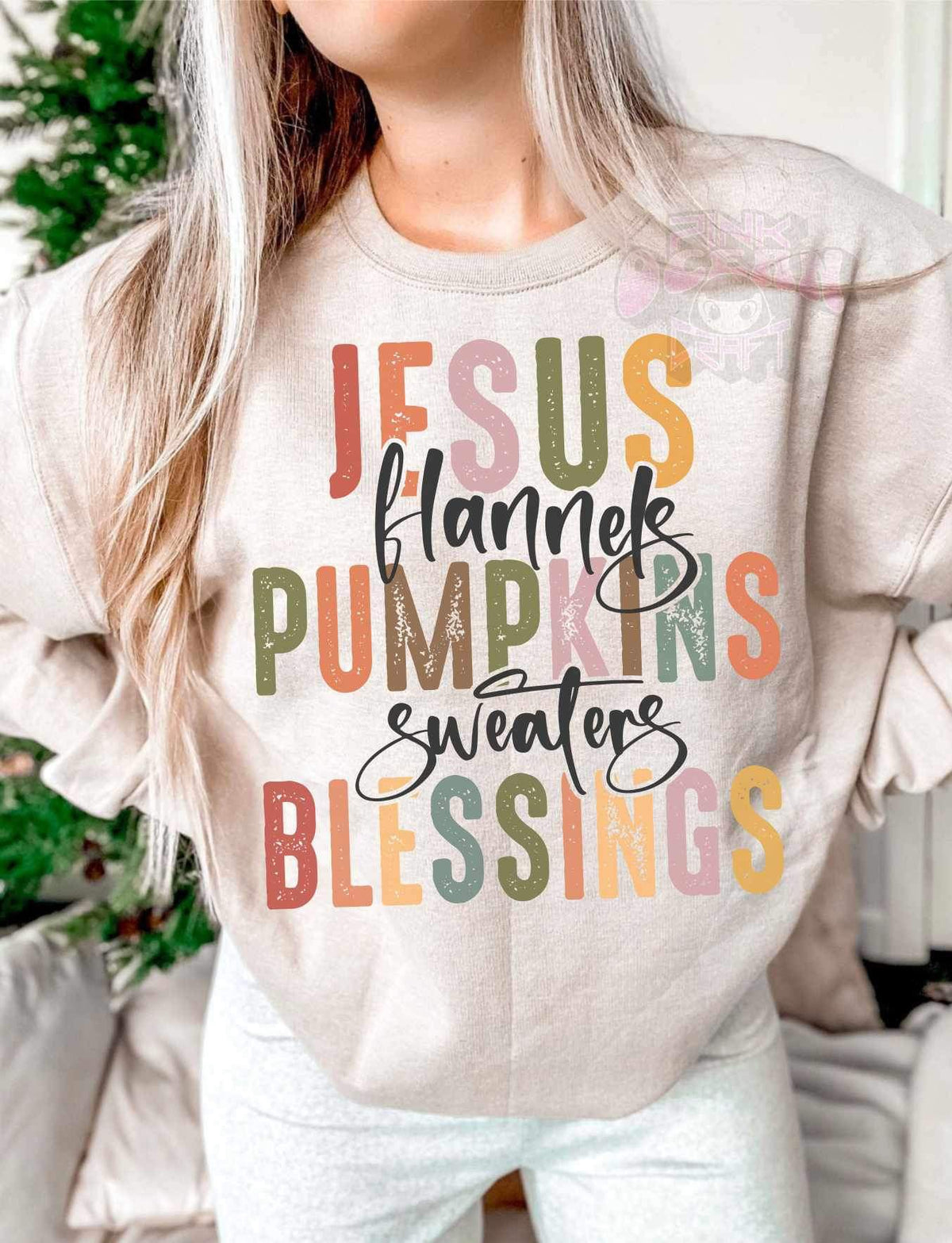 Jesus flannels pumpkin sweater blessings (multi color font) 15329 DTF Transfer