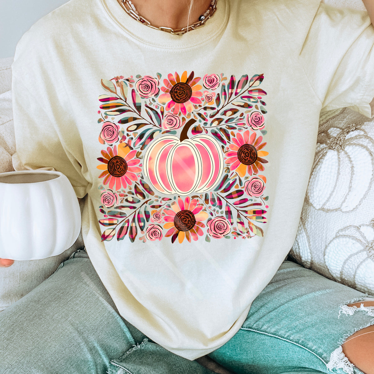 Symmetrical Pink Abstract Florals and Pumpkin 110870 DTF transfer