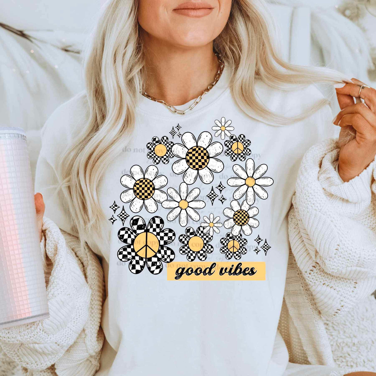 Good vibes Checkered and white flowers(CSC) 25290 DTF transfer