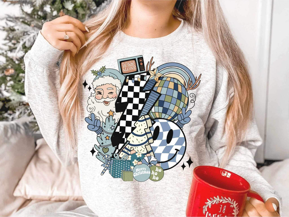 Blue santa, lightning bolt, disco ball, smiley face, cake 15283 DTF Transfe