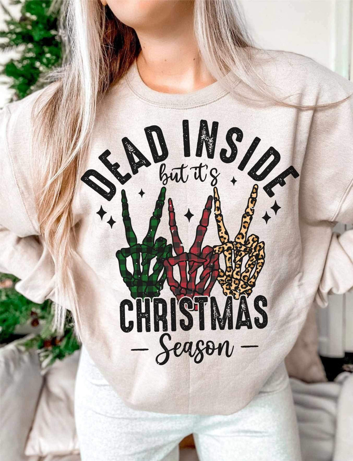 Dead inside but its Christmas season (red plaid, green plaid, leopard skellie peace signs) 15241 DTF Transfer