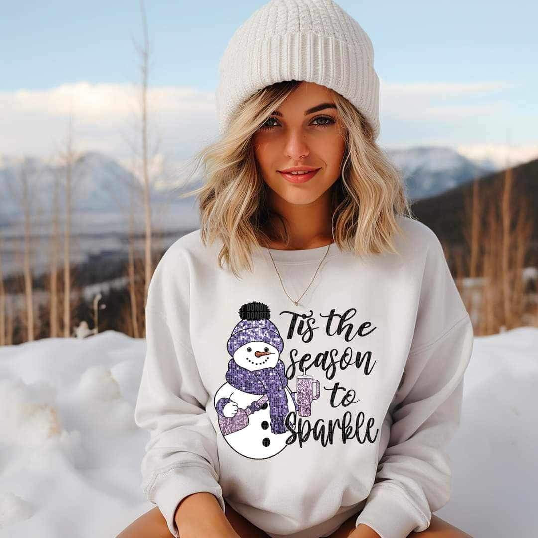 Tis the season to sparkle (snowman with sequin purple winter wear, belt bag, cup) 15339 DTF Transfer