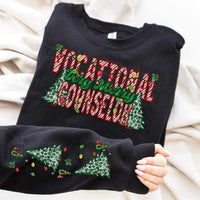 Very merry vocational counselor (embroidered green and candy cane font with leopard trees) FRONT ONLY 15373 DTF Transfer