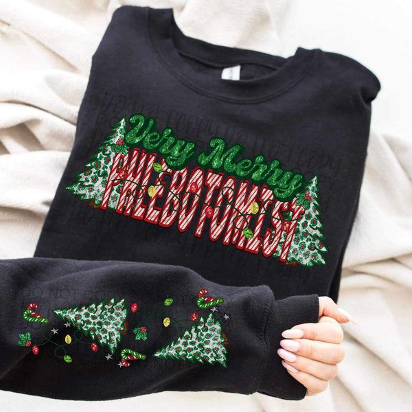 Very merry phlebotomist (embroidered green and candy cane font with leopard trees) FRONT ONLY 15371 DTF Transfer